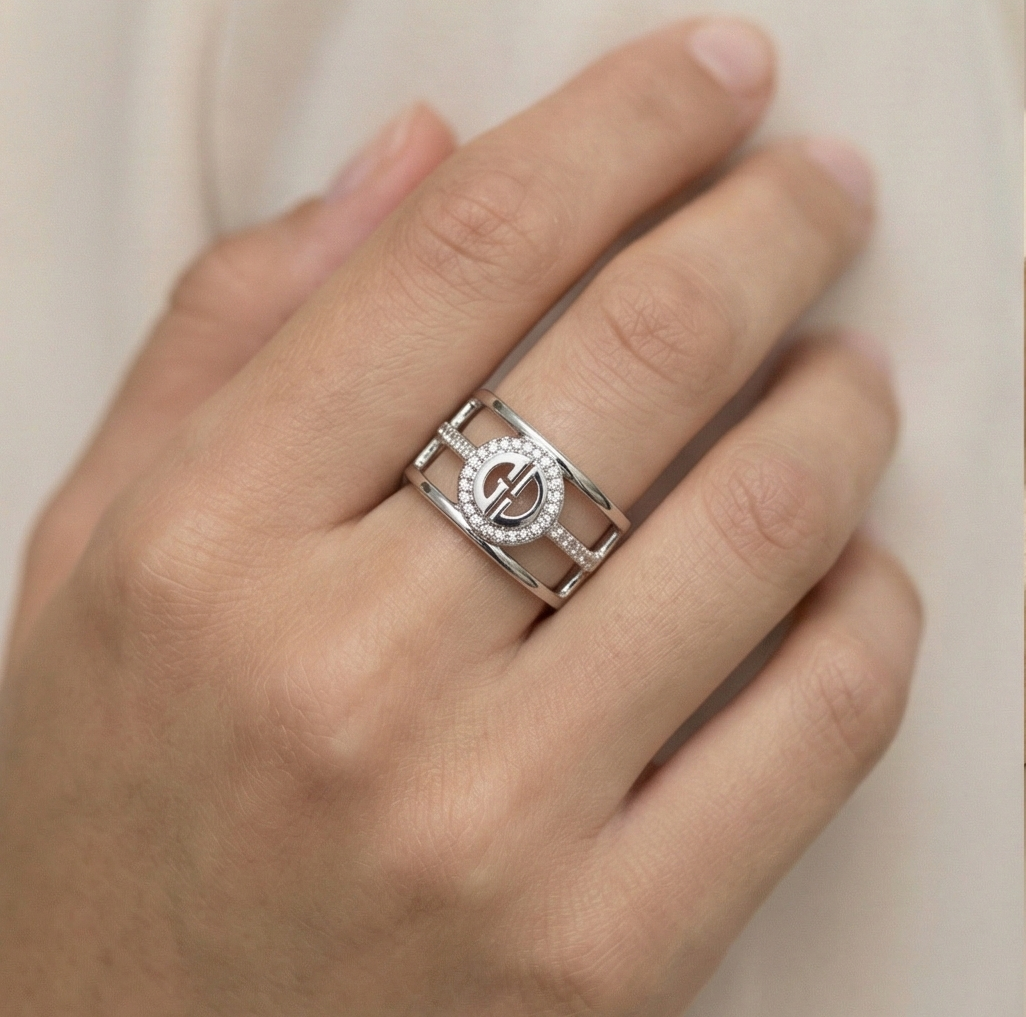 925 Sterling Silver Wide Cutout Geometric Ring High Polish Rhodium Finish Contemporary Jewellery - Size 7