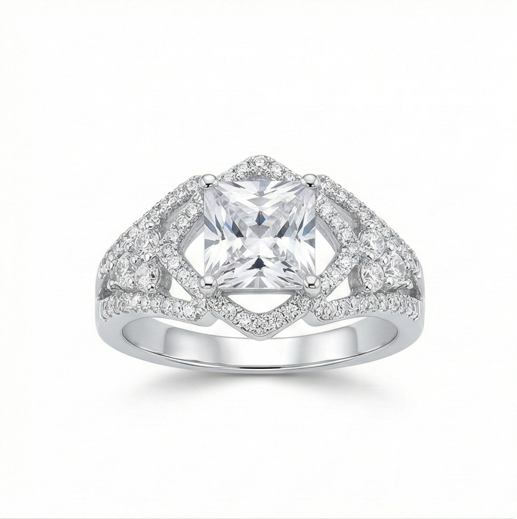925 Sterling Silver Princess Cut Halo Ring High Polish Rhodium Finish Statement Jewellery for Women – Size 8