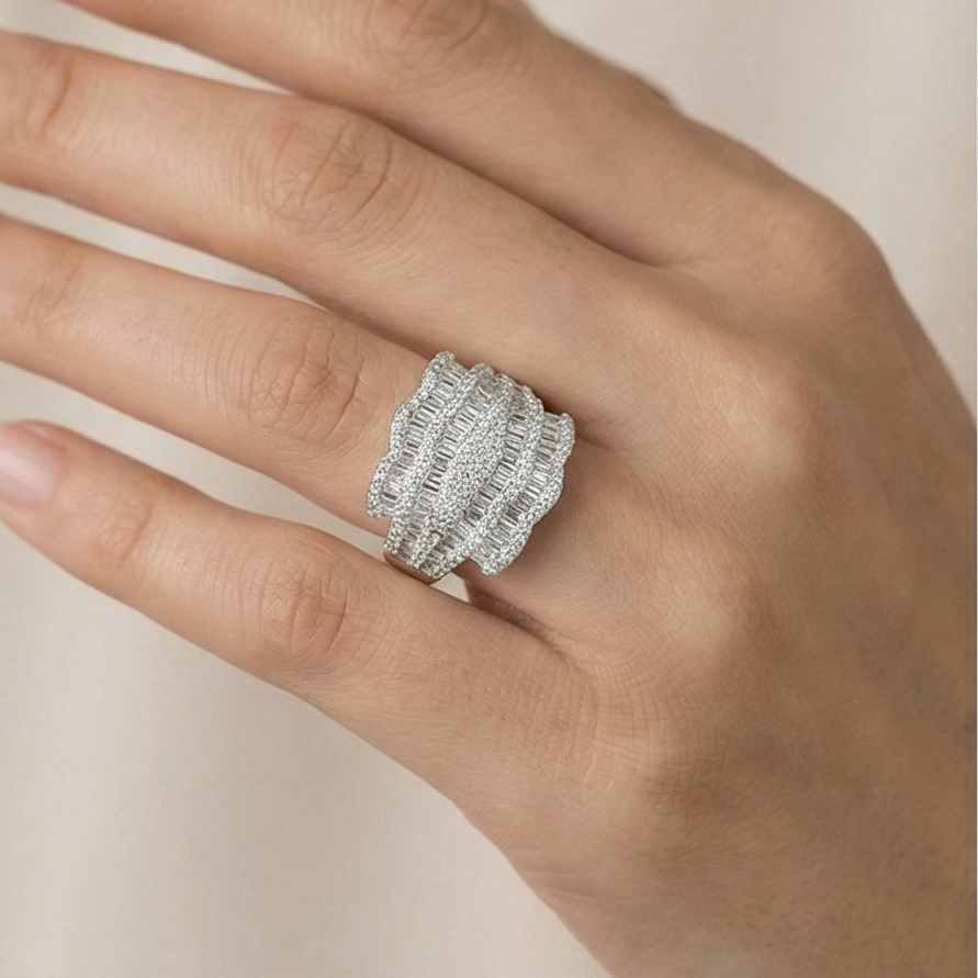 925 Sterling Silver Multi-Row Cocktail Ring High Polish Rhodium Finish Glamour Jewellery for Women - Size 7