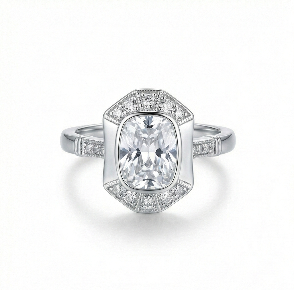 925 Sterling Silver Vintage Art Deco Halo Ring High Polish Rhodium Finish Classic Jewellery - Size 7