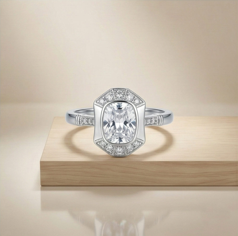 925 Sterling Silver Vintage Art Deco Halo Ring High Polish Rhodium Finish Classic Jewellery - Size 7