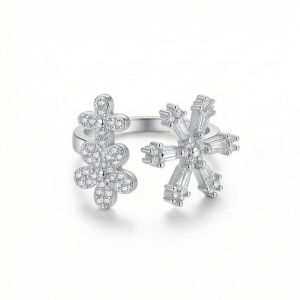 925 Sterling Silver Floral Snowflake Open Bypass Ring High Polish Rhodium Finish Delicate Jewellery