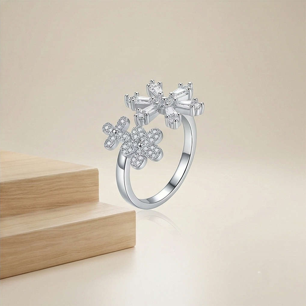 925 Sterling Silver Floral Snowflake Open Bypass Ring High Polish Rhodium Finish Delicate Jewellery
