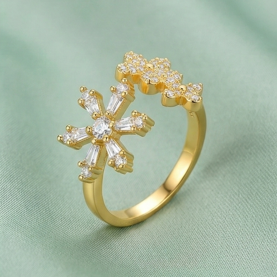 925 Sterling Silver Floral Snowflake Open Bypass Ring Gold Plated Finish Delicate Jewellery