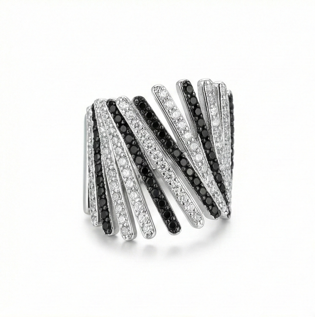925 Sterling Silver Diagonal Bar Monochrome Statement Ring High Polish Rhodium Finish Bold Jewellery - Size 8