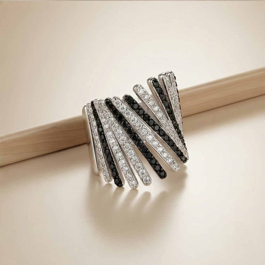 925 Sterling Silver Diagonal Bar Monochrome Statement Ring High Polish Rhodium Finish Bold Jewellery - Size 8