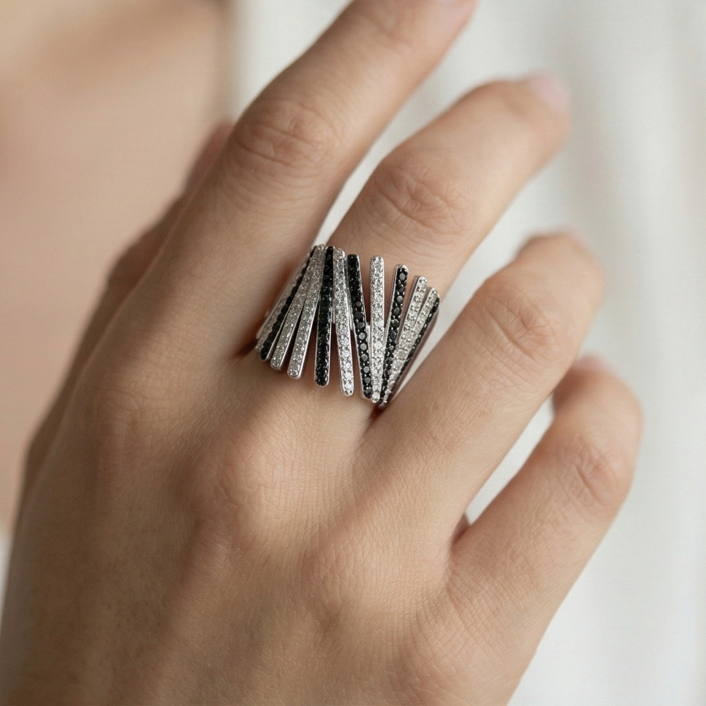 925 Sterling Silver Diagonal Bar Monochrome Statement Ring High Polish Rhodium Finish Bold Jewellery - Size 6