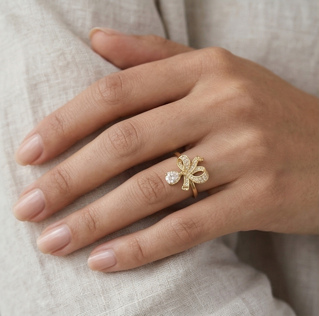 925 Sterling Silver Bow Ribbon Clear Drop Ring Yellow Gold Finish Jewellery for Women - Size 8