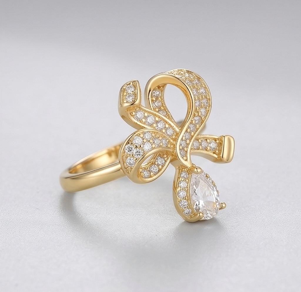 925 Sterling Silver Bow Ribbon Clear Drop Ring Yellow Gold Finish Jewellery for Women - Size 8