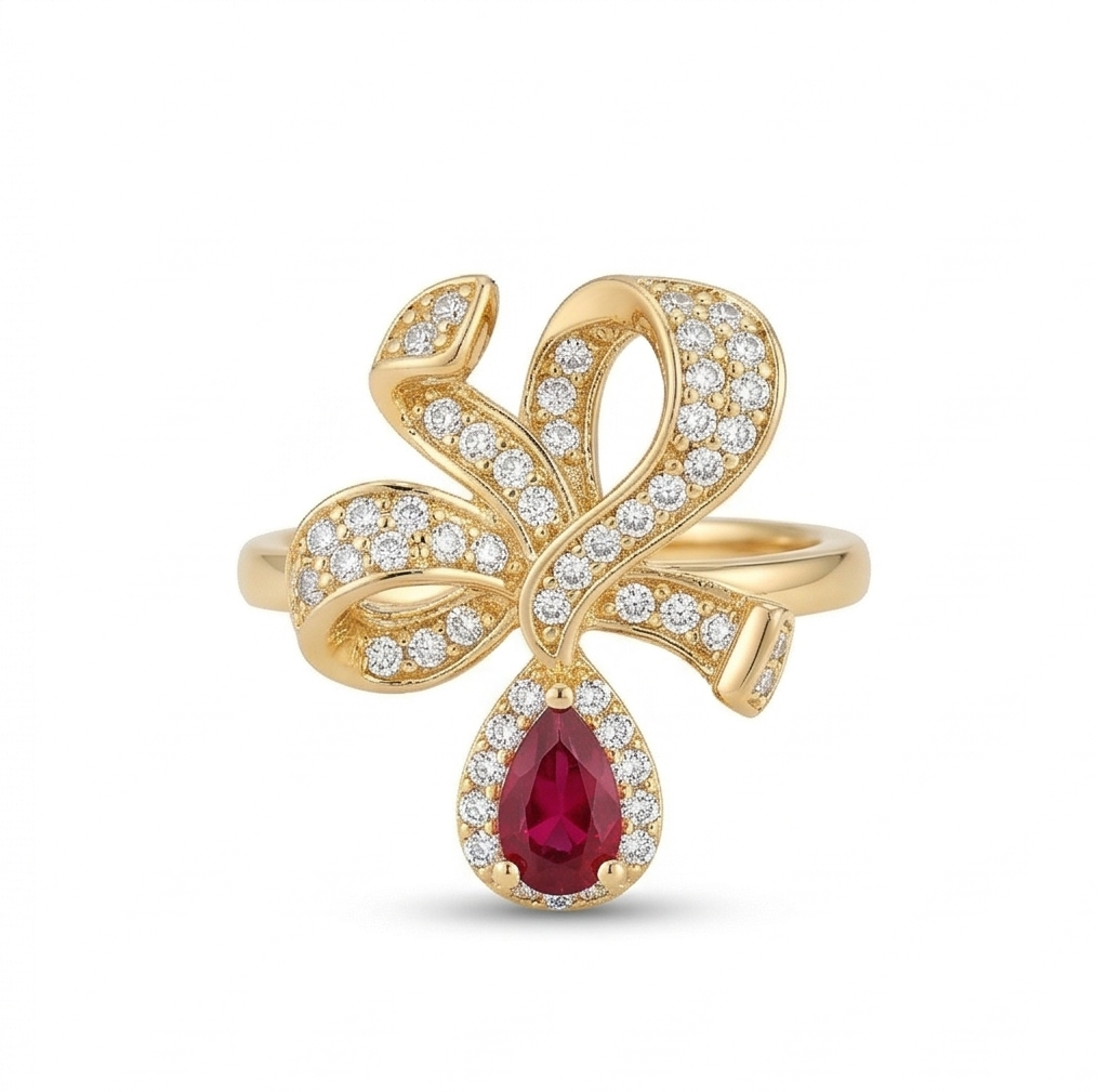 925 Sterling Silver Bow Ribbon Red Drop Ring Yellow Gold Finish Jewellery for Women – Size 8