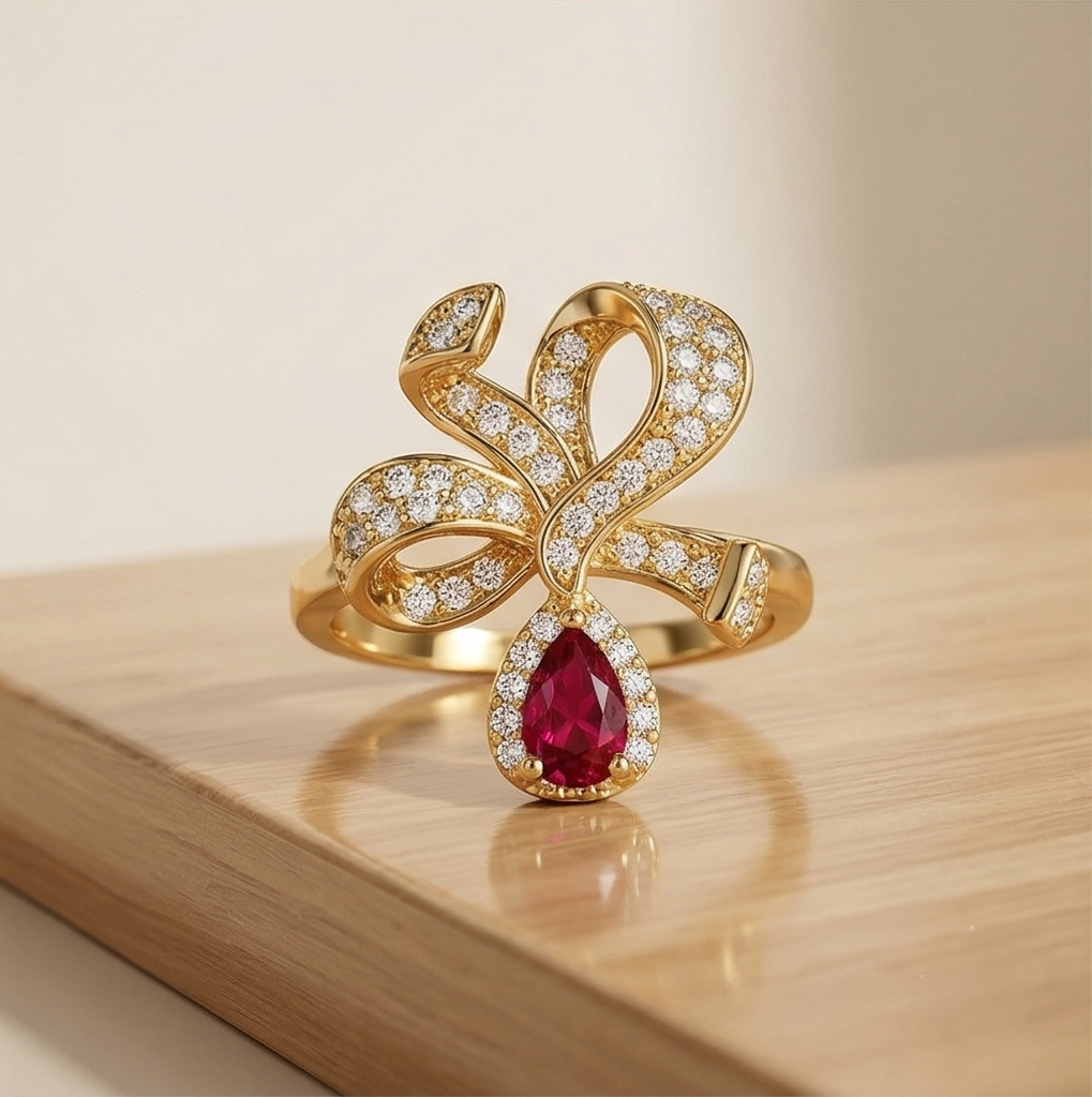 925 Sterling Silver Bow Ribbon Red Drop Ring Yellow Gold Finish Jewellery for Women - Size 8