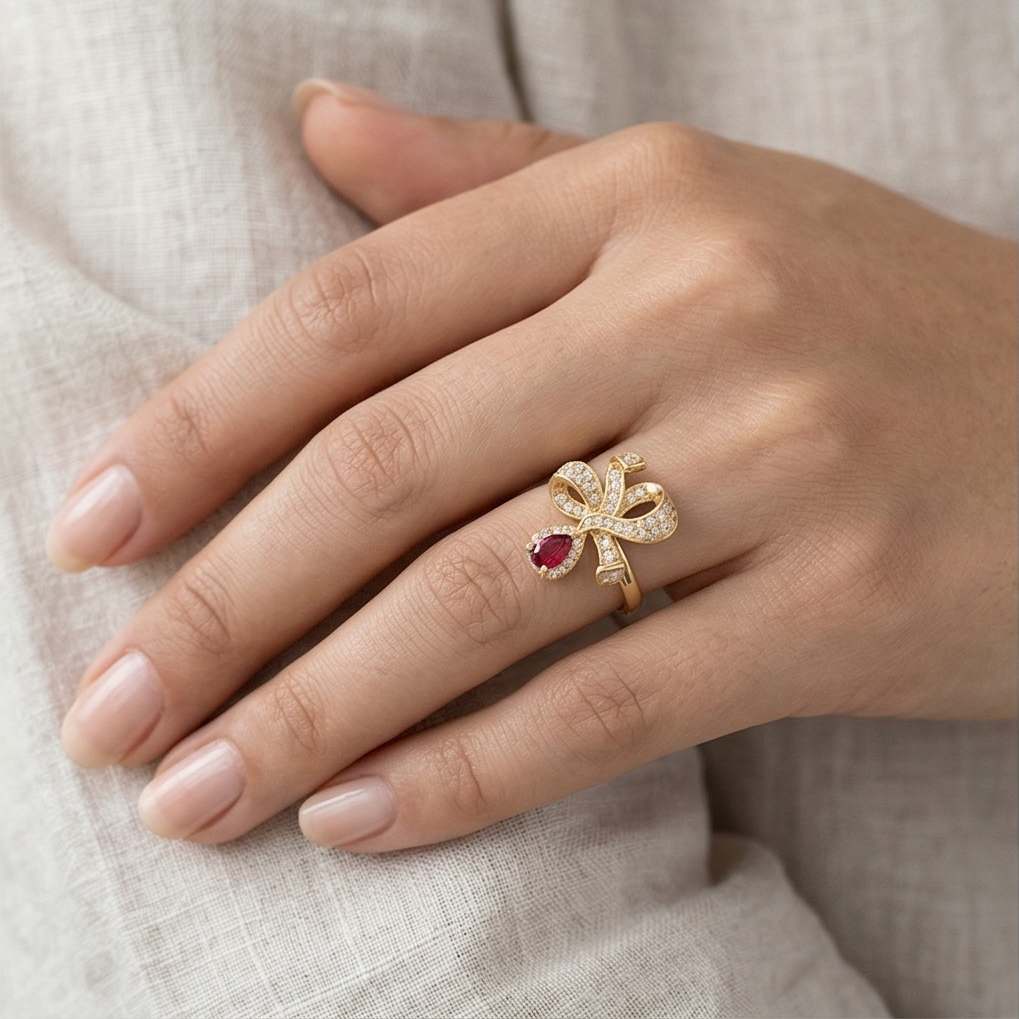 925 Sterling Silver Bow Ribbon Red Drop Ring Yellow Gold Finish Jewellery for Women - Size 8