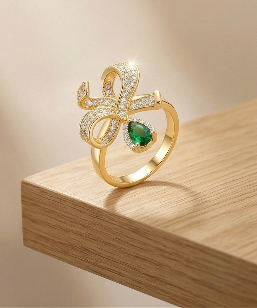 925 Sterling Silver Bow Ribbon Green Drop Ring Yellow Gold Finish Jewellery for Women - Size 6