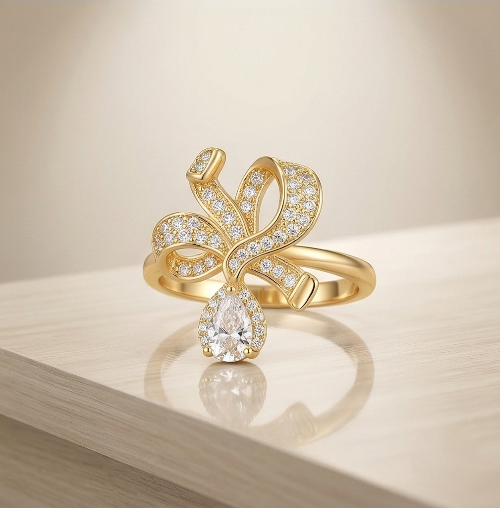 925 Sterling Silver Bow Ribbon Clear Drop Ring Yellow Gold Finish Jewellery for Women - Size 6