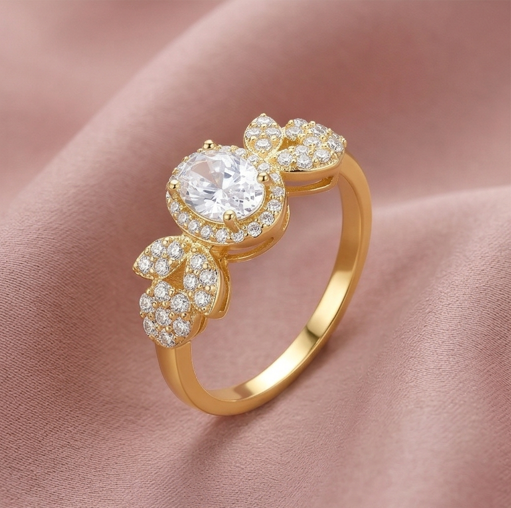 925 Sterling Silver Oval Clear Halo Floral Ring Yellow Gold Finish Jewellery for Women - Size 7