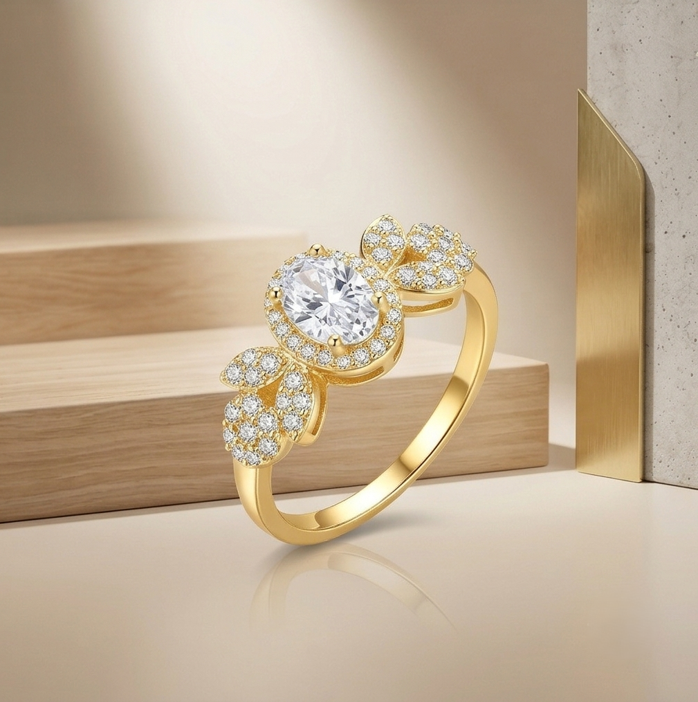 925 Sterling Silver Oval Clear Halo Floral Ring Yellow Gold Finish Jewellery for Women - Size 7