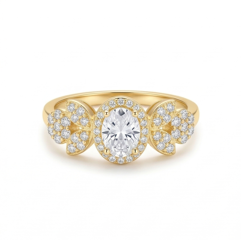 925 Sterling Silver Oval Clear Halo Floral Ring Yellow Gold Finish Jewellery for Women - Size 8