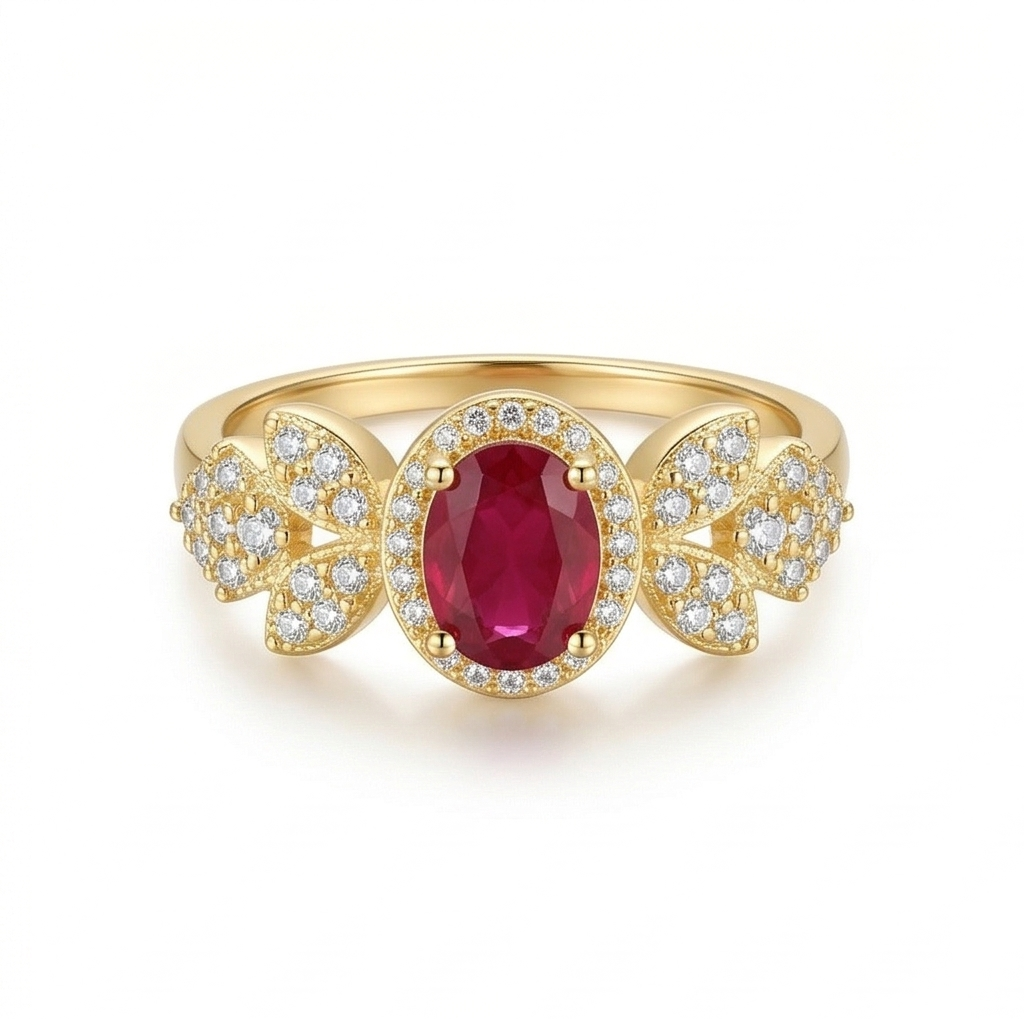 925 Sterling Silver Oval Red Halo Floral Ring Yellow Gold Finish Jewellery for Women - Size 8