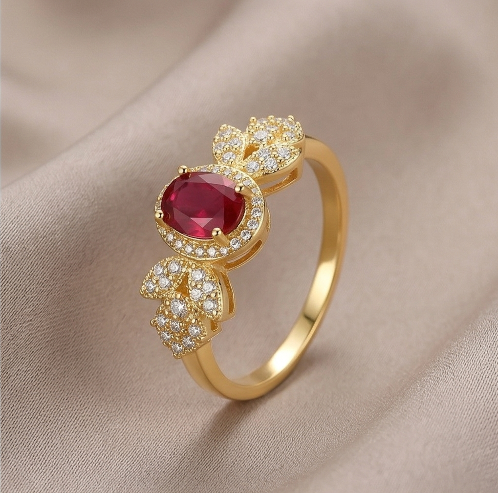 925 Sterling Silver Oval Red Halo Floral Ring Yellow Gold Finish Jewellery for Women - Size 8