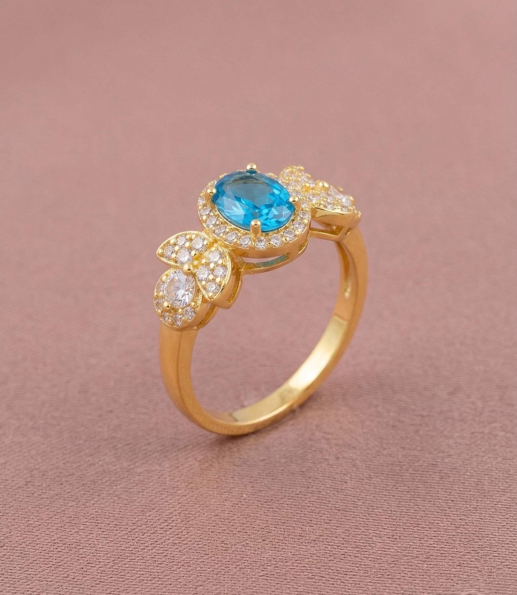 925 Sterling Silver Oval Blue Halo Floral Ring Yellow Gold Finish Jewellery for Women - Size 6