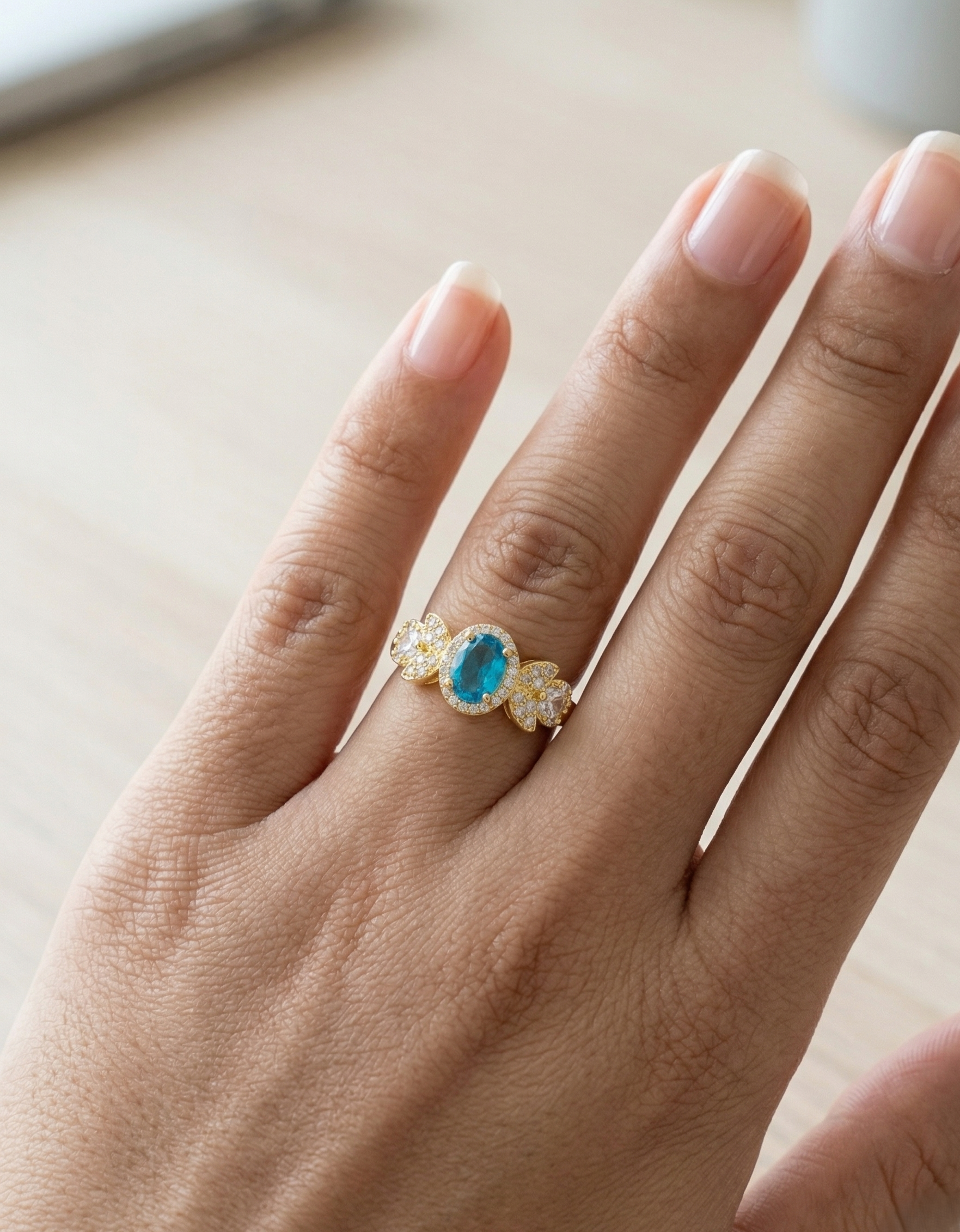 925 Sterling Silver Oval Blue Halo Floral Ring Yellow Gold Finish Jewellery for Women - Size 6