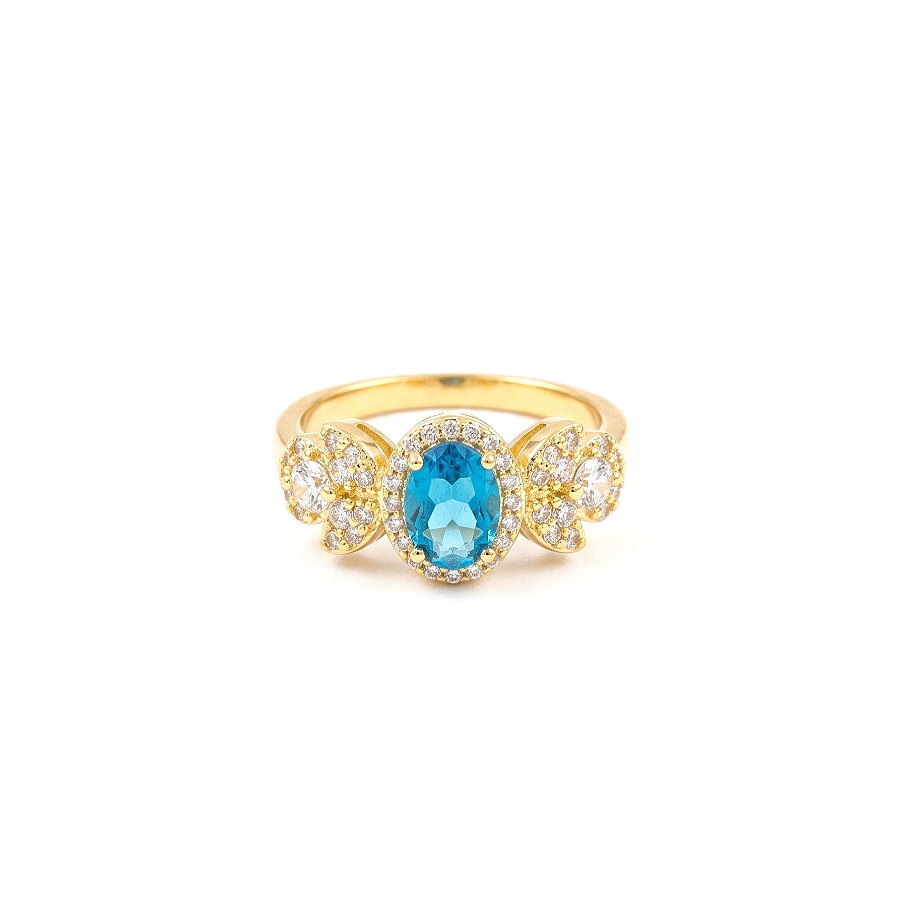 925 Sterling Silver Oval Blue Halo Floral Ring Yellow Gold Finish Jewellery for Women - Size 6