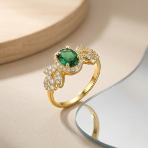 925 Sterling Silver Oval Green Halo Floral Ring Yellow Gold Finish Jewellery for Women - Size 7