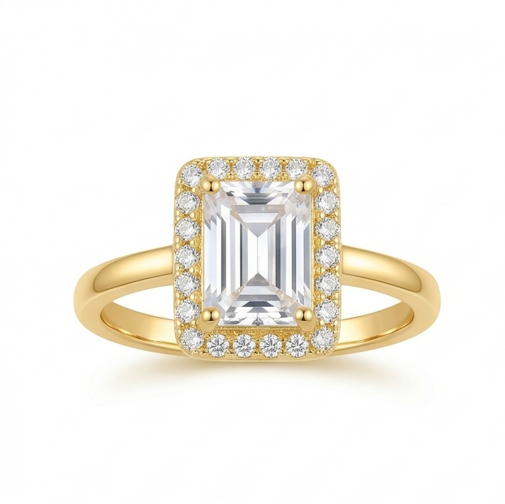 925 Sterling Silver Clear Emerald Cut Halo Ring Yellow Gold Finish Jewellery for Women – Size 9