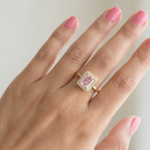 925 Sterling Silver Pink Emerald Cut Halo Ring Yellow Gold Finish Jewellery for Women - Size 9