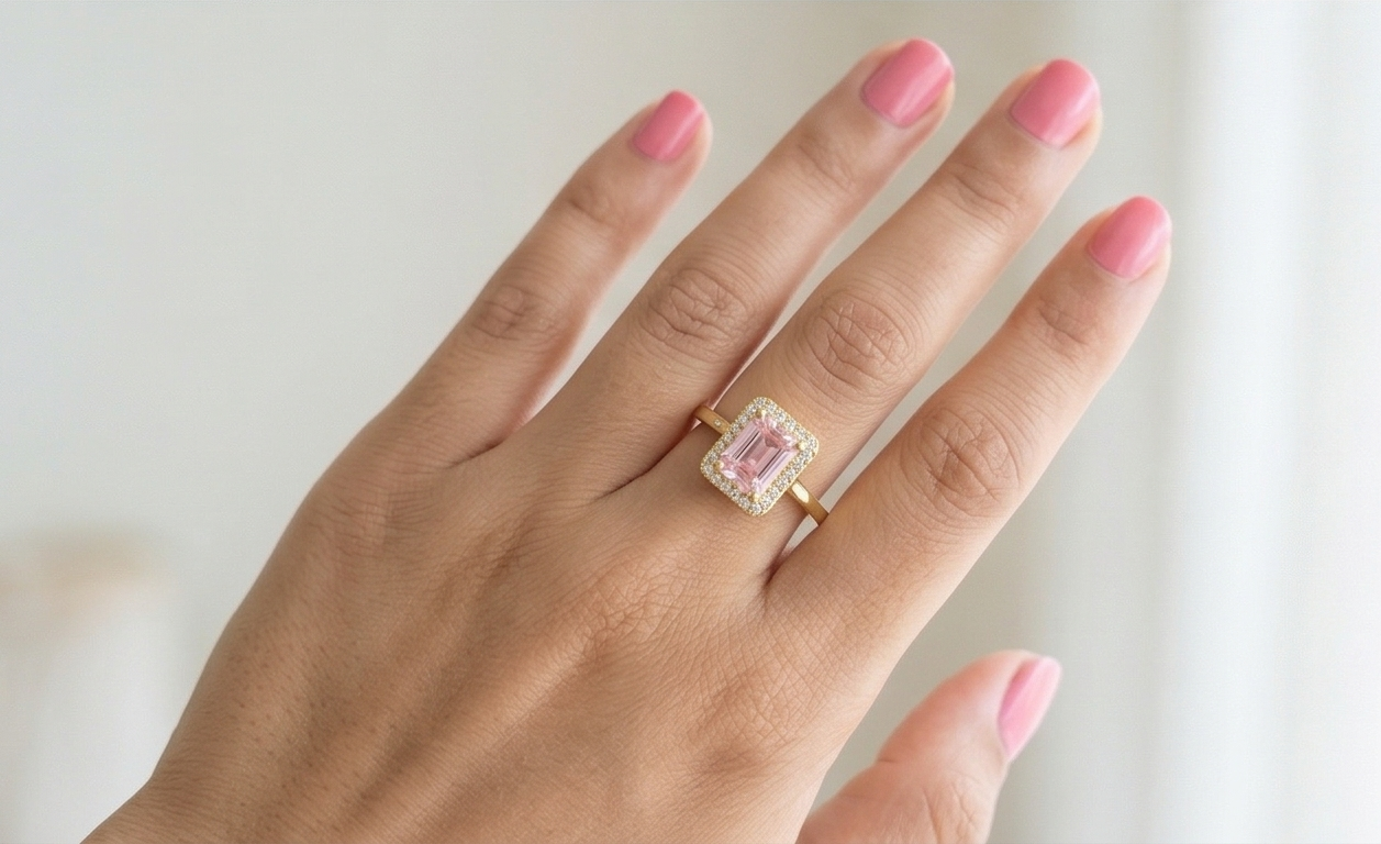 925 Sterling Silver Pink Emerald Cut Halo Ring Yellow Gold Finish Jewellery for Women - Size 9