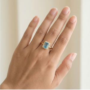 925 Sterling Silver Blue Emerald Cut Halo Ring Yellow Gold Finish Jewellery for Women - Size 8