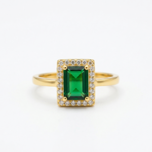 925 Sterling Silver Green Emerald Cut Halo Ring Yellow Gold Finish Jewellery for Women – Size 8