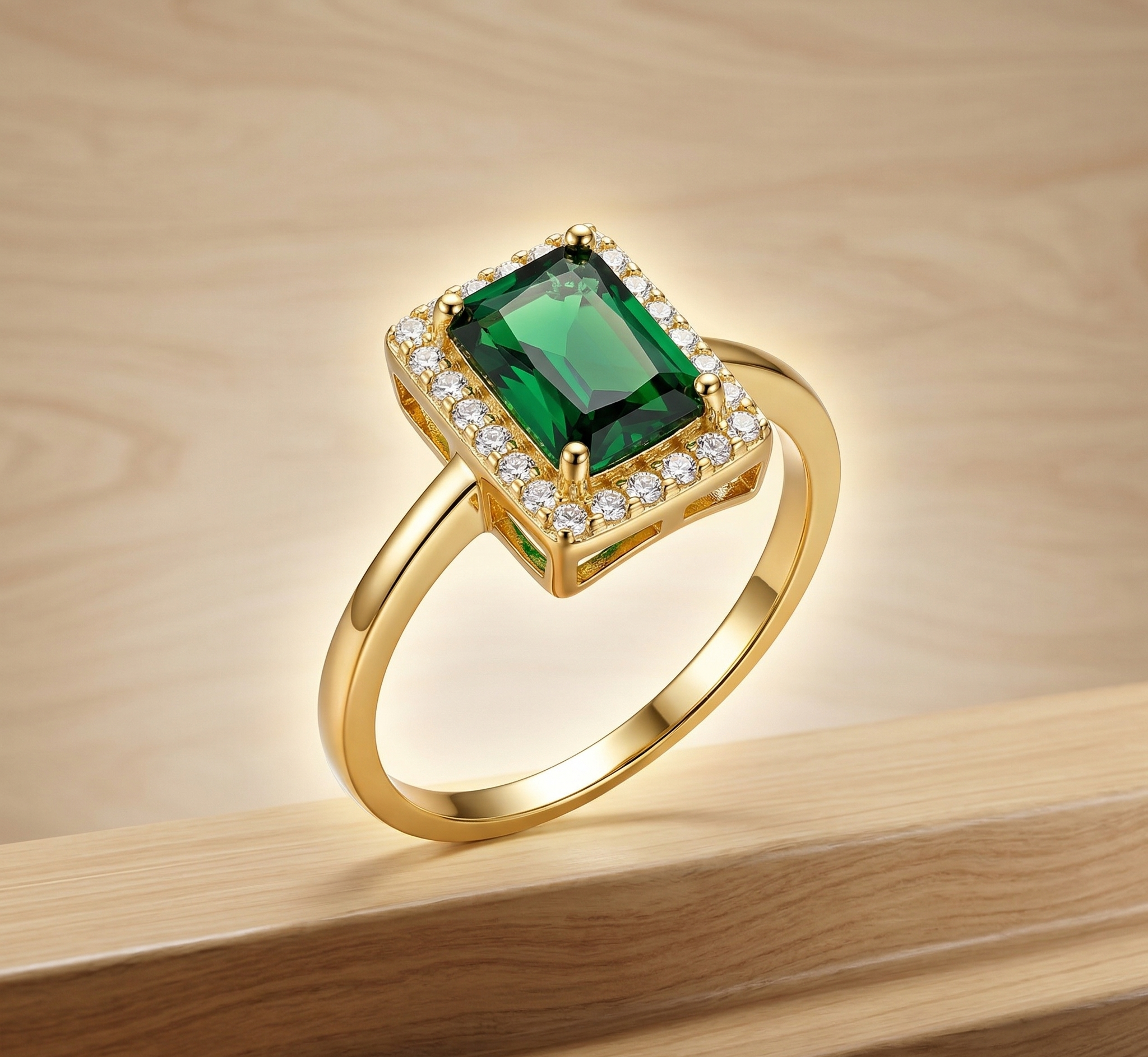 925 Sterling Silver Green Emerald Cut Halo Ring Yellow Gold Finish Jewellery for Women - Size 8