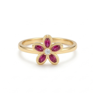925 Sterling Silver Red Floral Ring Yellow Gold Finish Jewellery for Women - Size 8
