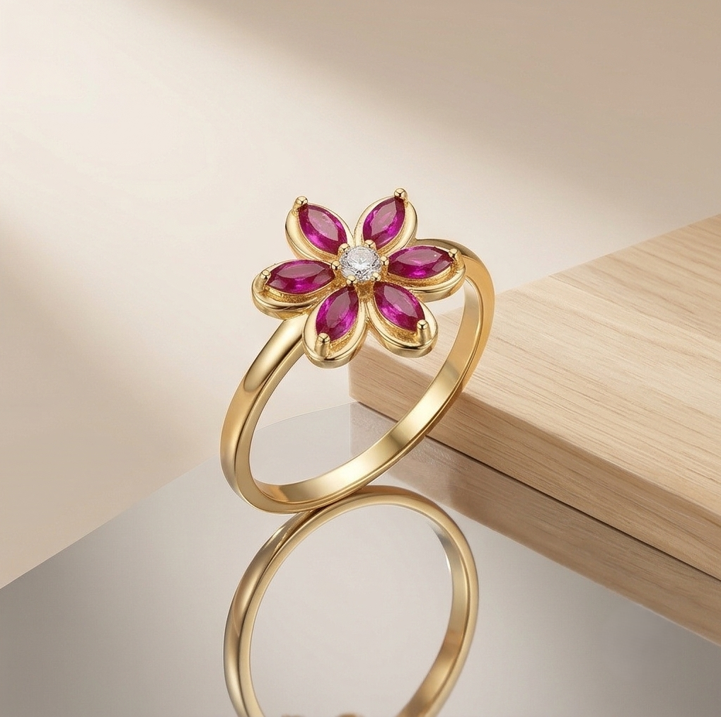 925 Sterling Silver Red Floral Ring Yellow Gold Finish Jewellery for Women - Size 8