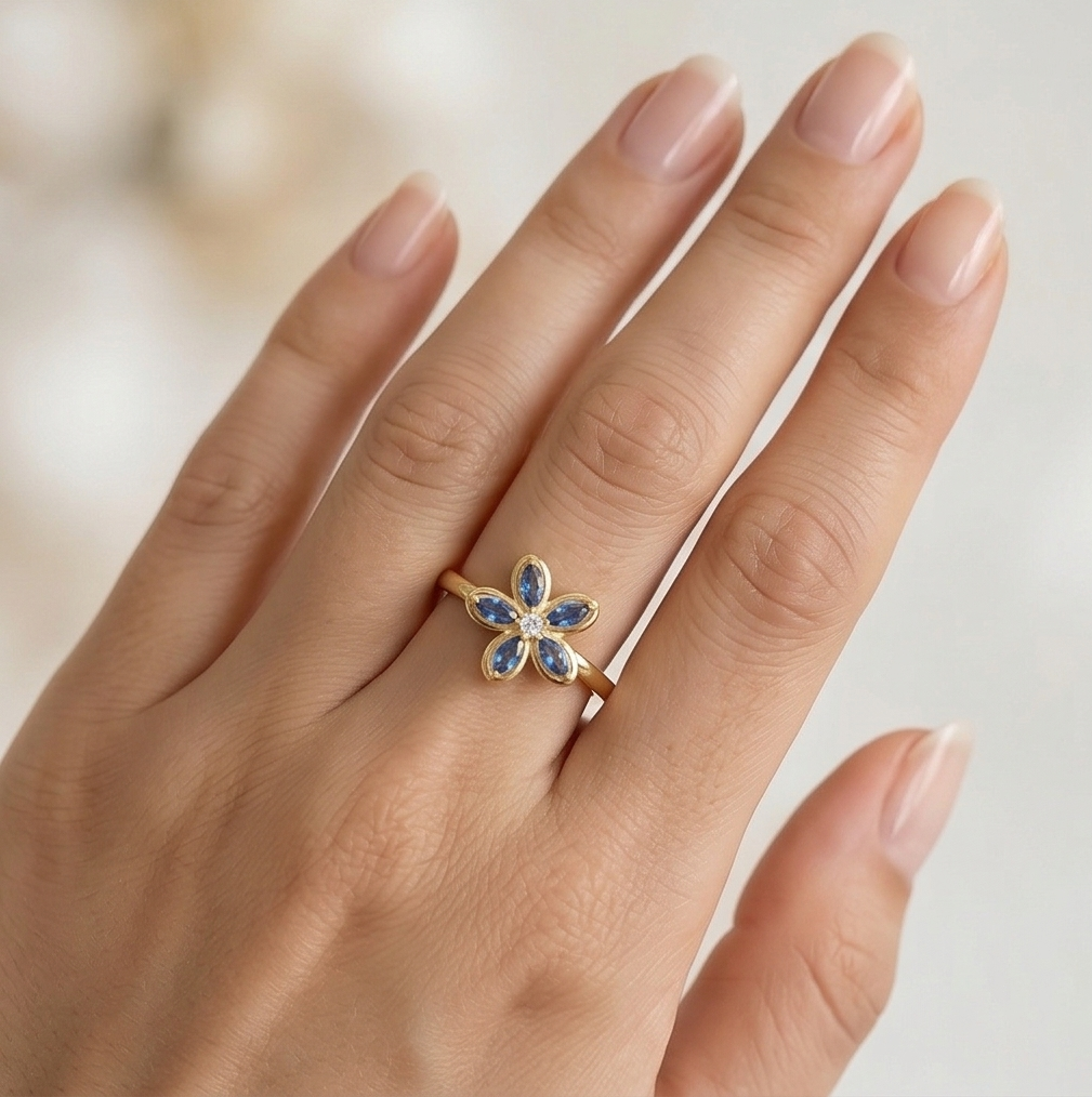 925 Sterling Silver Blue Floral Ring Yellow Gold Finish Jewellery for Women - Size 7