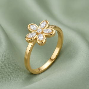 925 Sterling Silver Clear Floral Ring Yellow Gold Finish Jewellery for Women - Size 7