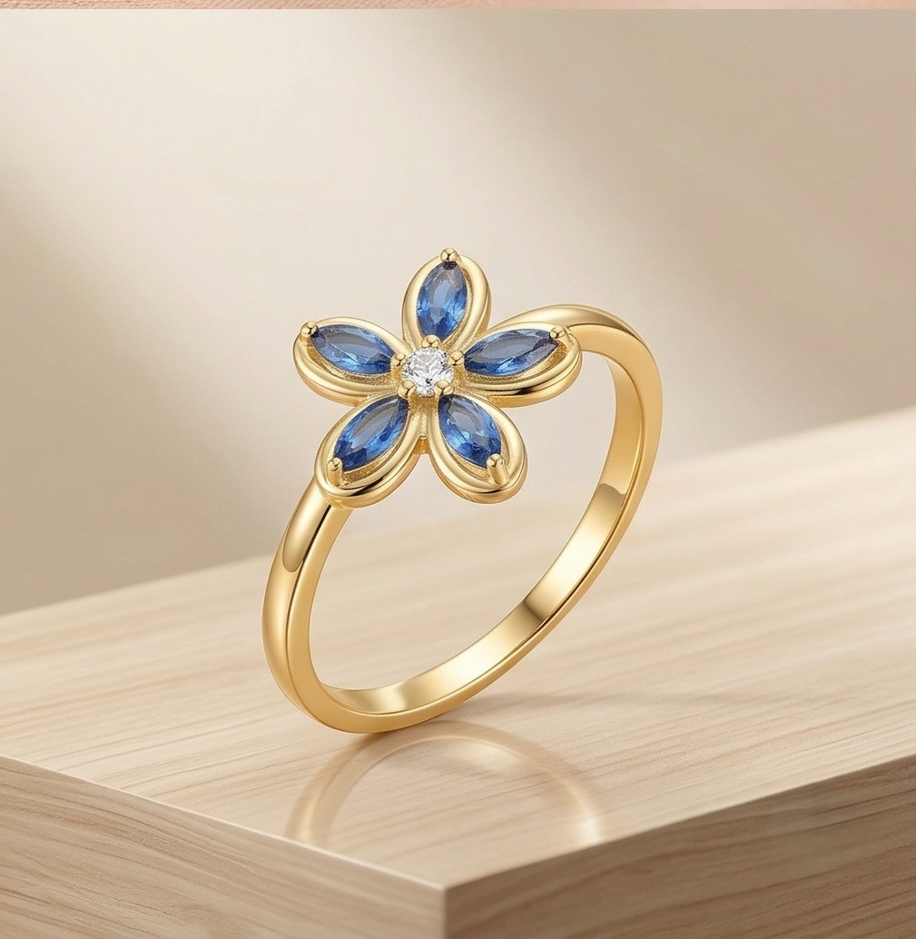 925 Sterling Silver Blue Floral Ring Yellow Gold Finish Jewellery for Women - Size 7