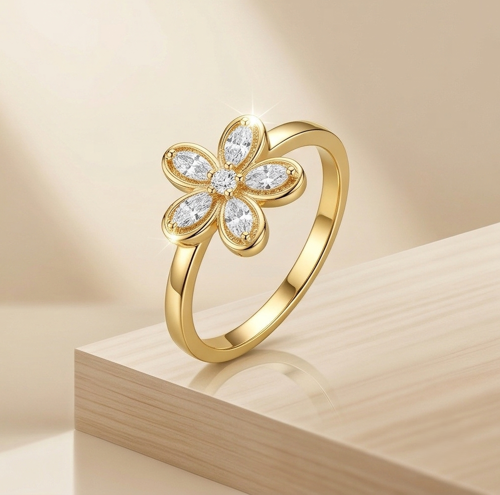 925 Sterling Silver Clear Floral Ring Yellow Gold Finish Jewellery for Women - Size 7