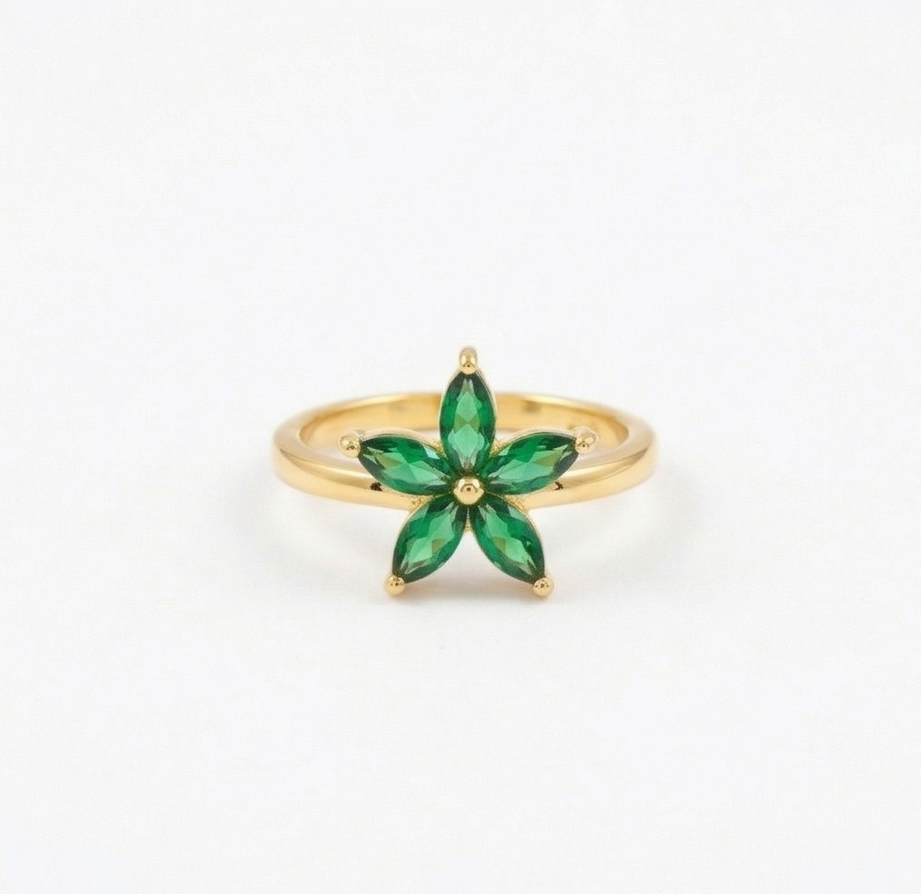 925 Sterling Silver Green Starburst Floral Ring Yellow Gold Finish Jewellery for Women - Size 7