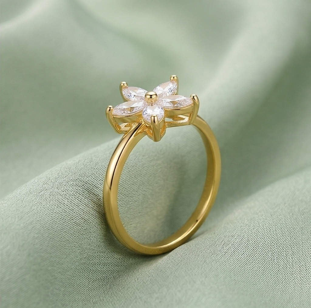 925 Sterling Silver Clear Starburst Floral Ring Yellow Gold Finish Jewellery for Women - Size 8