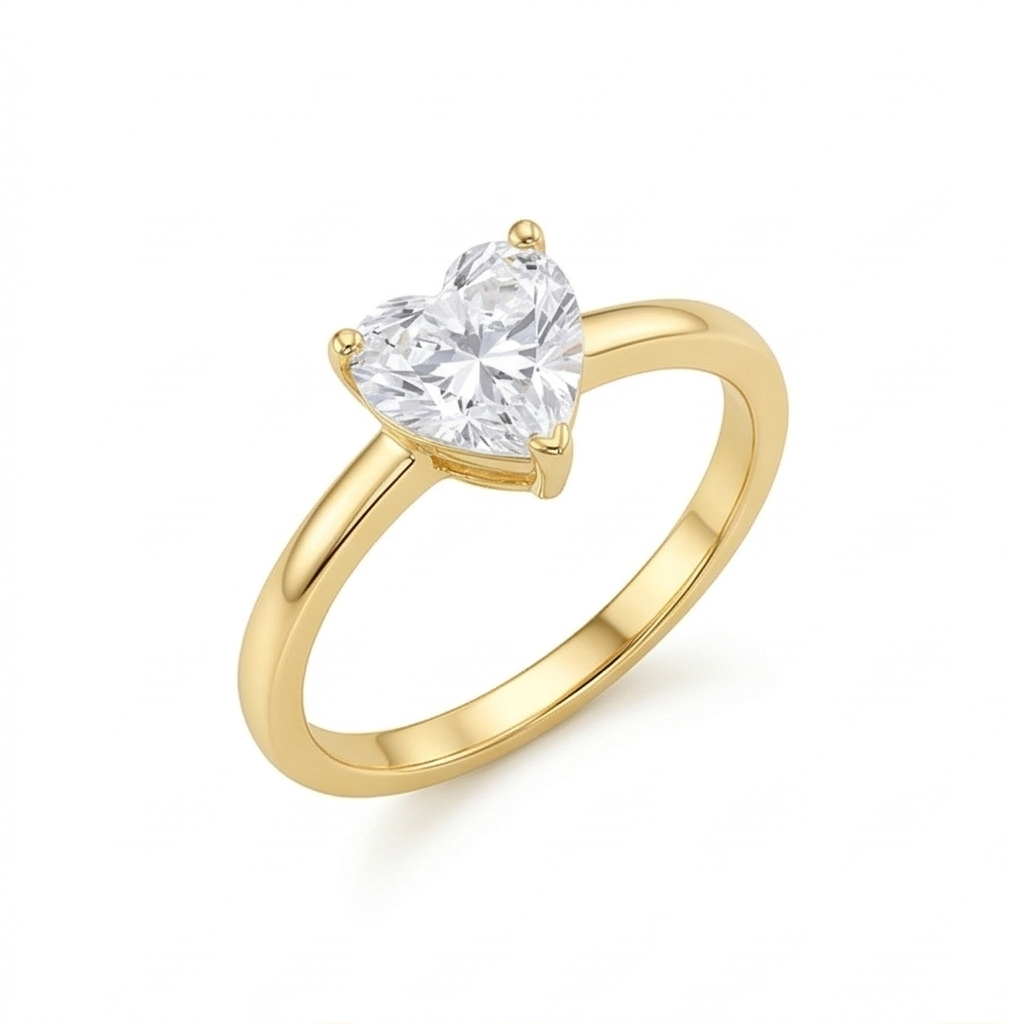 925 Sterling Silver Clear Heart Solitaire Ring Yellow Gold Finish Jewellery for Women - Size 7