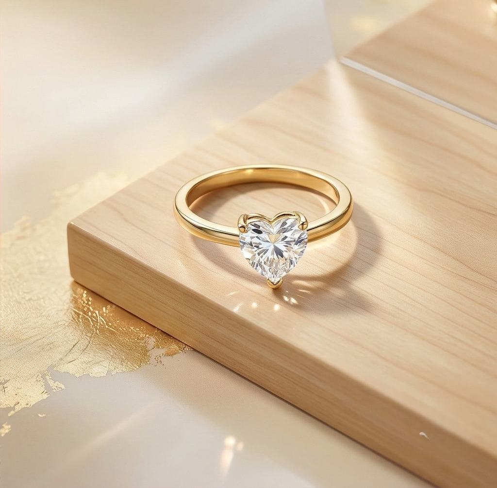 925 Sterling Silver Clear Heart Solitaire Ring Yellow Gold Finish Jewellery for Women - Size 6