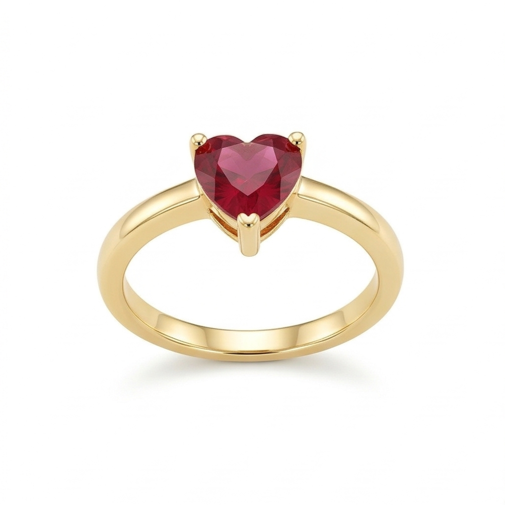 925 Sterling Silver Red Heart Solitaire Ring Yellow Gold Finish Jewellery for Women - Size 7