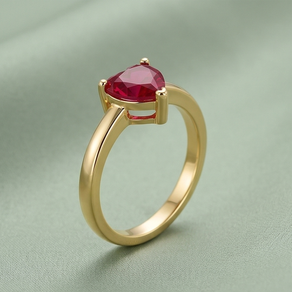 925 Sterling Silver Red Heart Solitaire Ring Yellow Gold Finish Jewellery for Women - Size 7