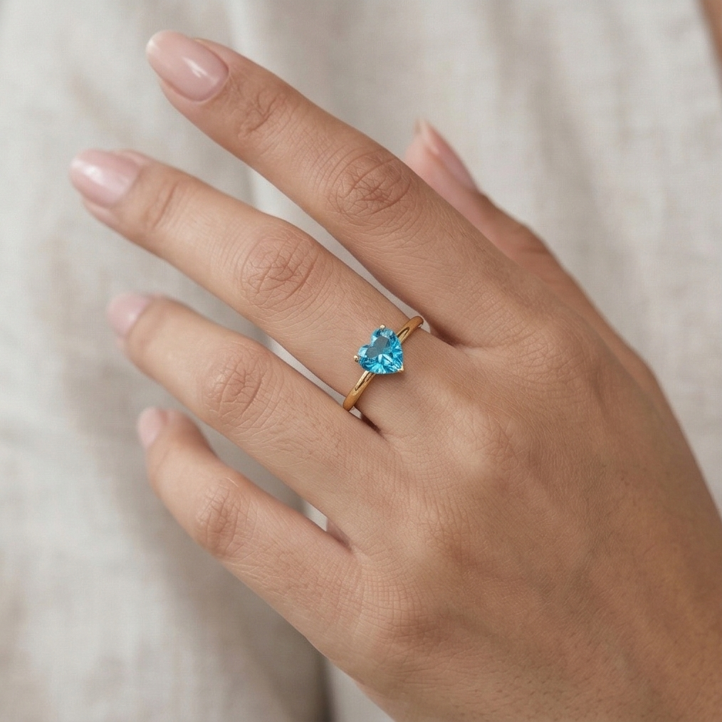 925 Sterling Silver Blue Heart Solitaire Ring Yellow Gold Finish Jewellery for Women - Size 8