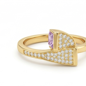 925 Sterling Silver Pink Stone Geometric Bypass Ring Yellow Gold Finish Jewellery for Women - Size 7