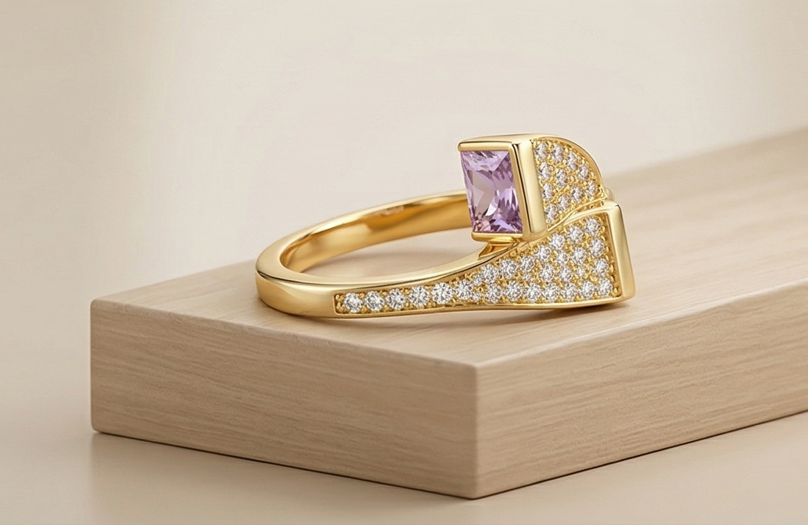 925 Sterling Silver Pink Stone Geometric Bypass Ring Yellow Gold Finish Jewellery for Women - Size 7