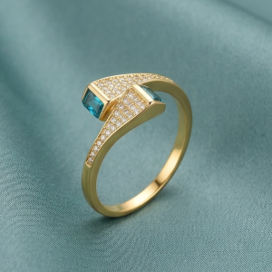 925 Sterling Silver Blue Stone Bypass Ring Yellow Gold Finish Jewellery for Women - Size 7