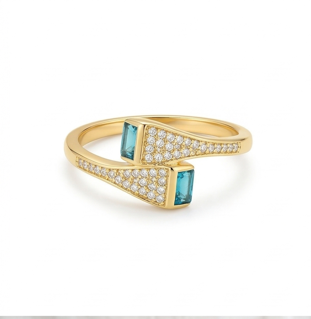 925 Sterling Silver Blue Stone Bypass Ring Yellow Gold Finish Jewellery for Women - Size 7